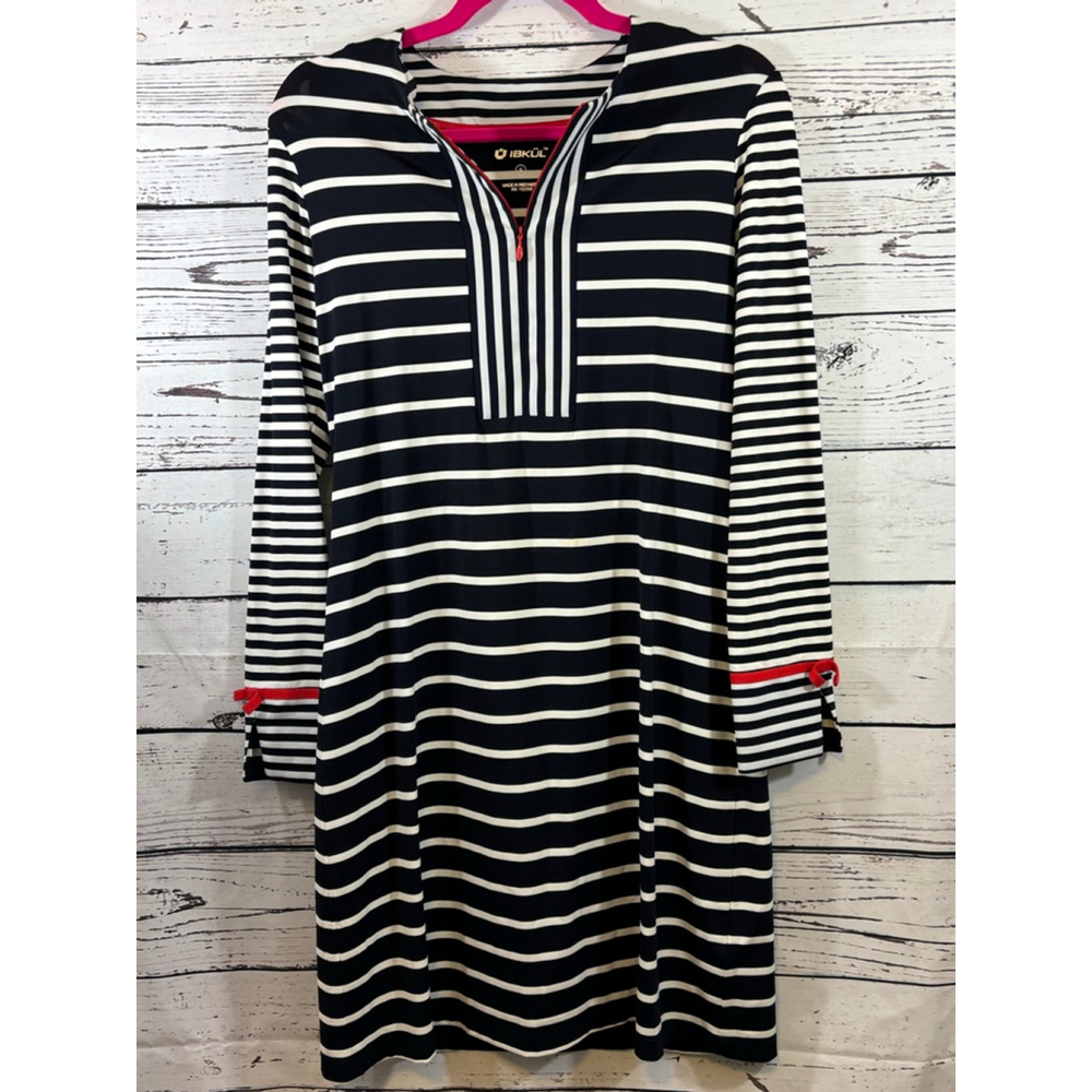 Women's IBKÜL Navy White Stripe Long Sleeve Dress S with Red Accents